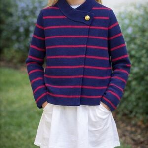 Girls Classic Prep Navy & Red Stripe Wrap Cardigan | Size 10